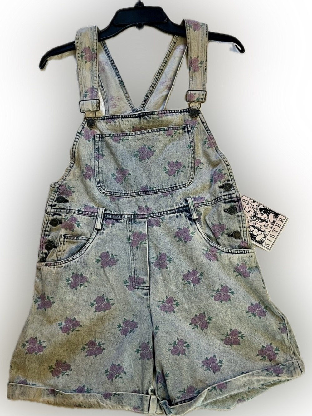 VTG 90s Sister Sister Floral Acid Wash Denim Overalls Shortalls NWT Girls 14 XS